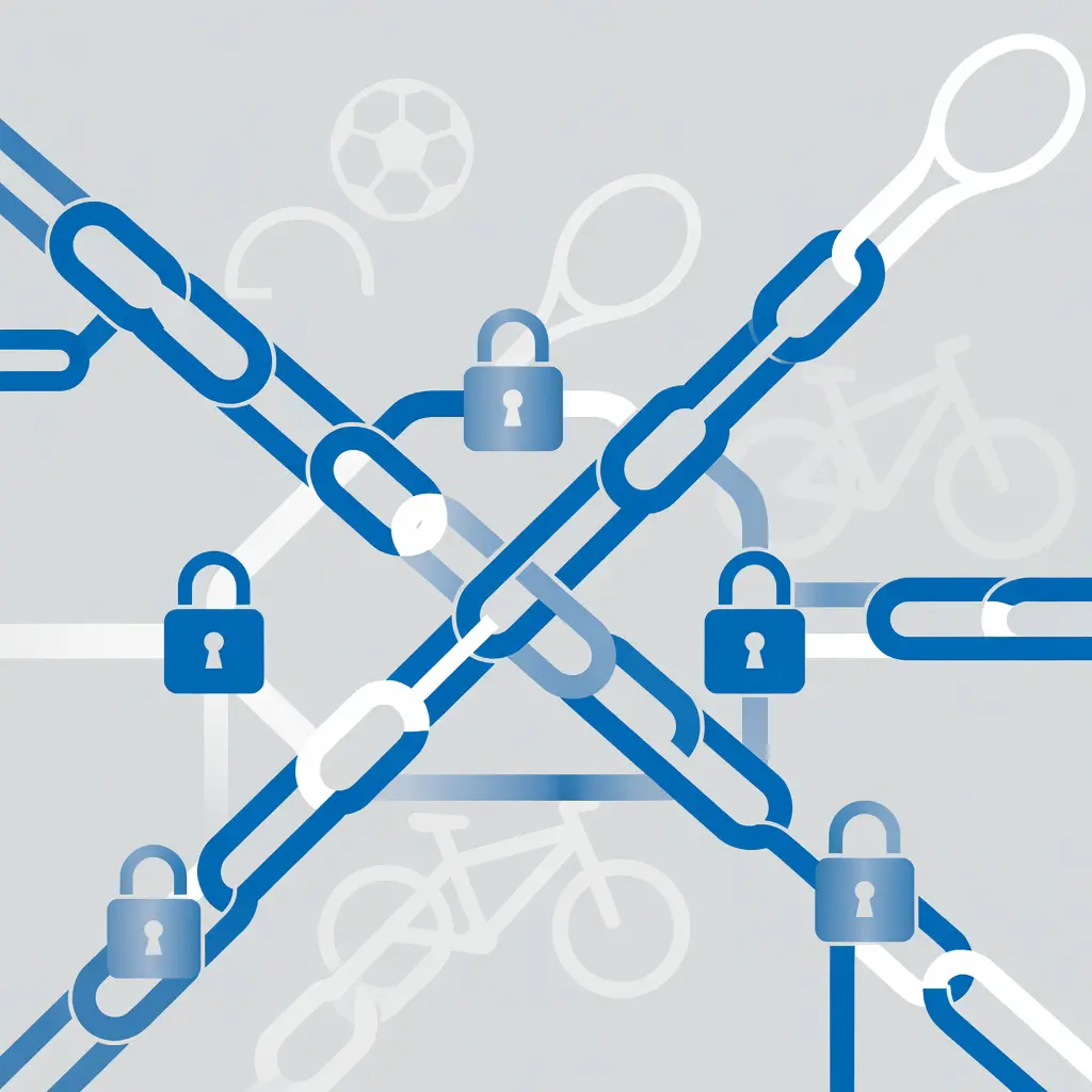 Графическое изображение блокчейн-цепи с иконками замков на фоне спортивных товаров