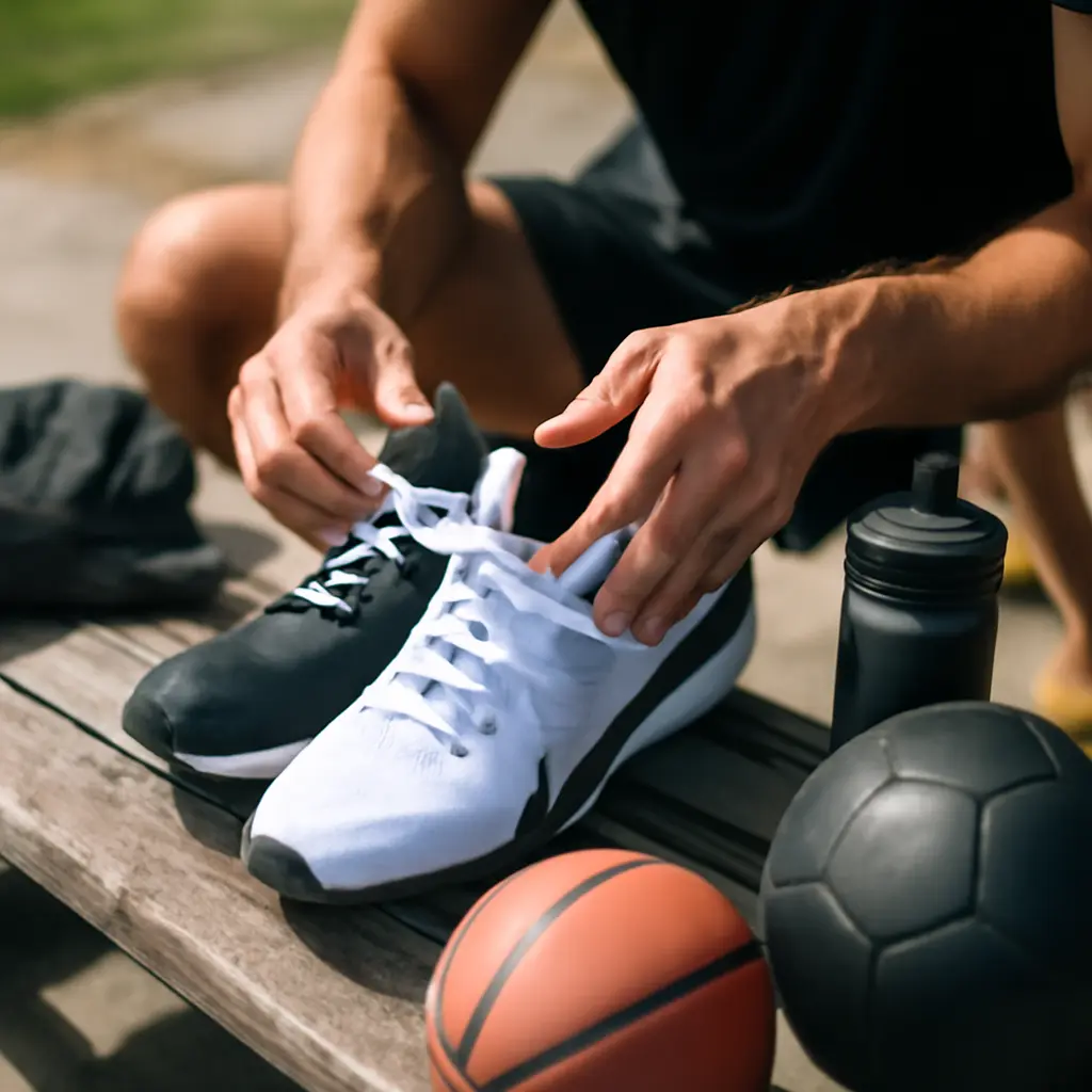 Спортсмен проверяет снаряжение перед тренировкой