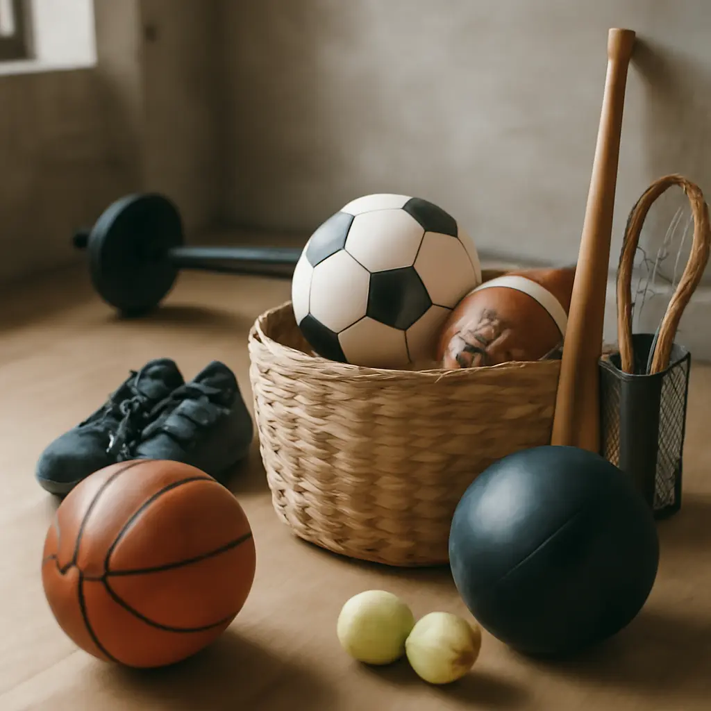 Различные типы спортивного инвентаря на фоне зала