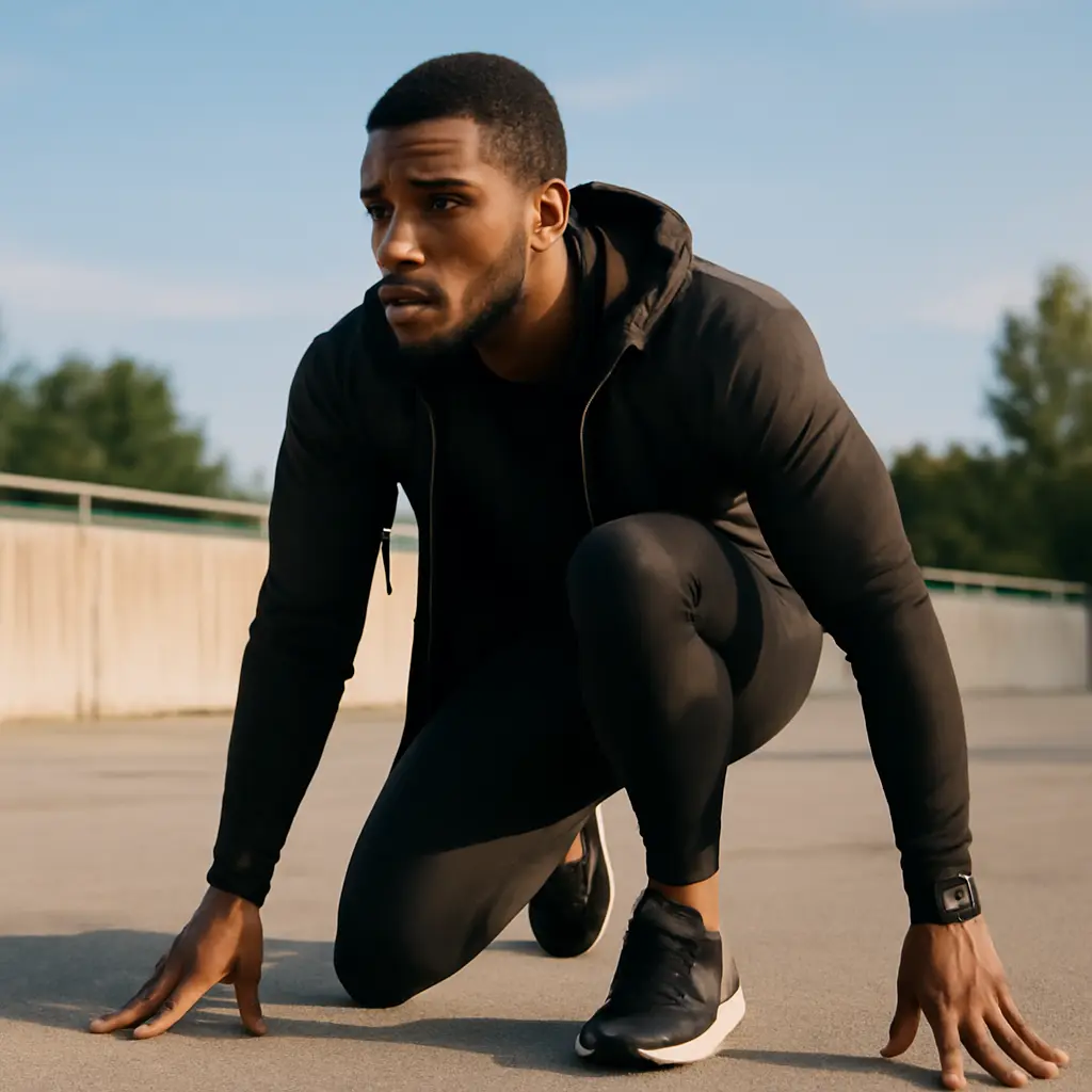 Человек с надетой спортивной экипировкой готовится к тренировке