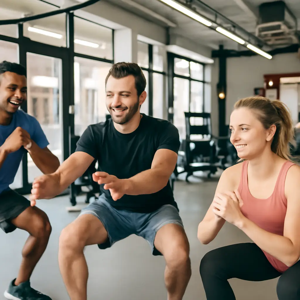 Группа людей в тренажёрном зале Люди занимаются в тренажёрном зале под руководством тренера
