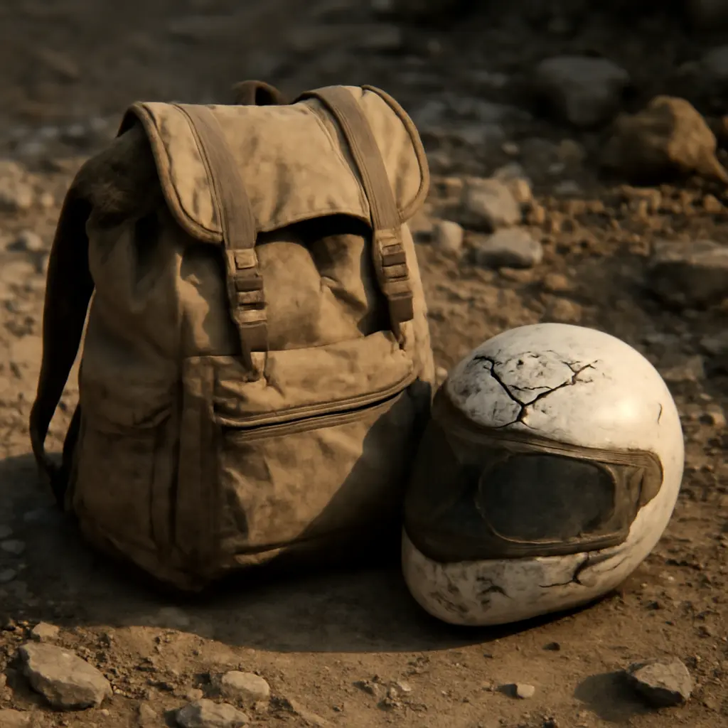 Изношенное снаряжение Порванный рюкзак и треснувший шлем как пример дешёвого спортивного снаряжения