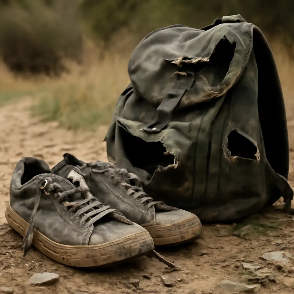 Изношенные кроссовки и порванный рюкзак на земле