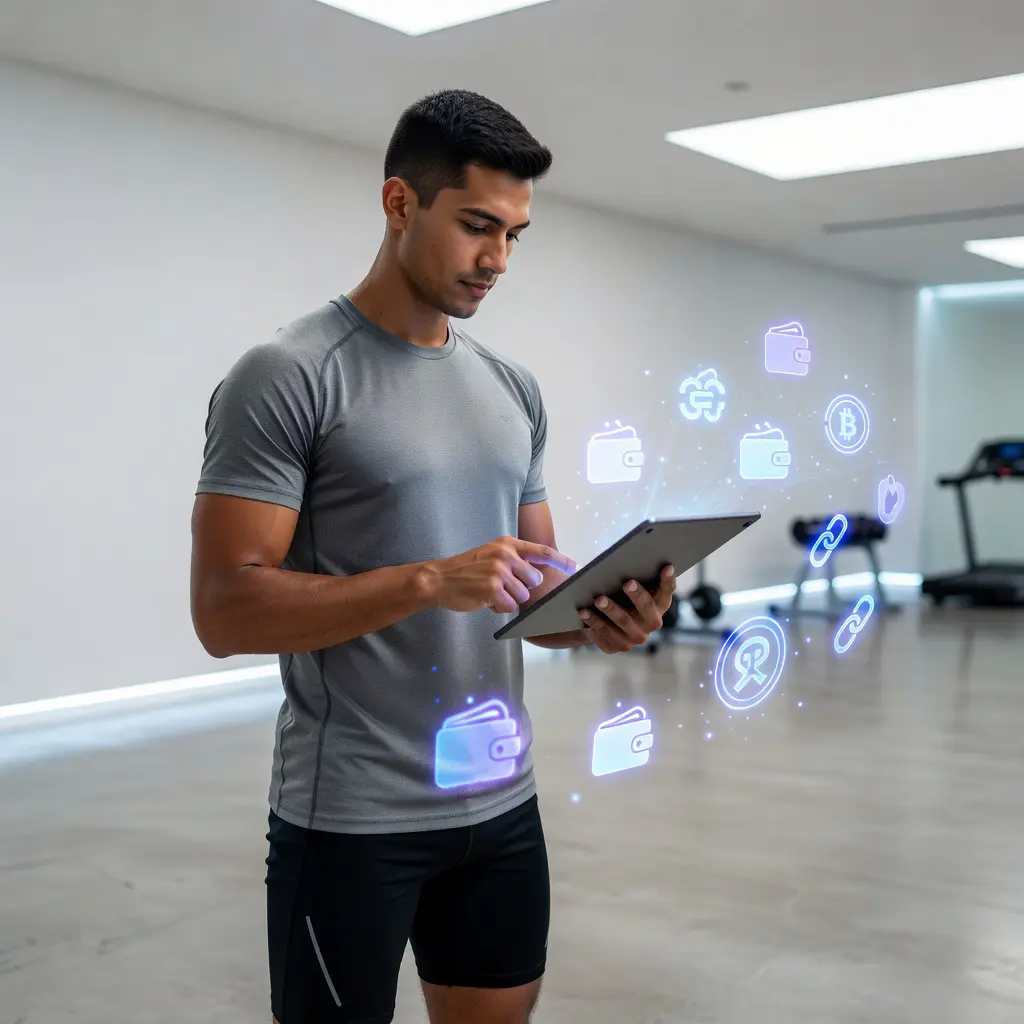 Спортсмен с планшетом выбирает снаряжение и оплачивает покупку криптовалютой