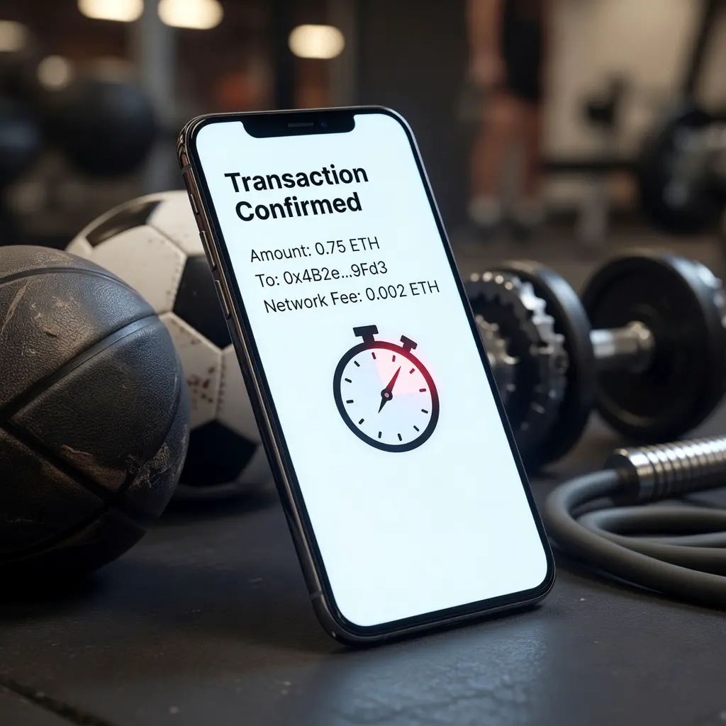 Мгновенные криптоплатежи при покупке спортивного инвентаря Смартфон с интерфейсом криптовалютного обмена на фоне спортивного снаряжения — быстрая транзакция