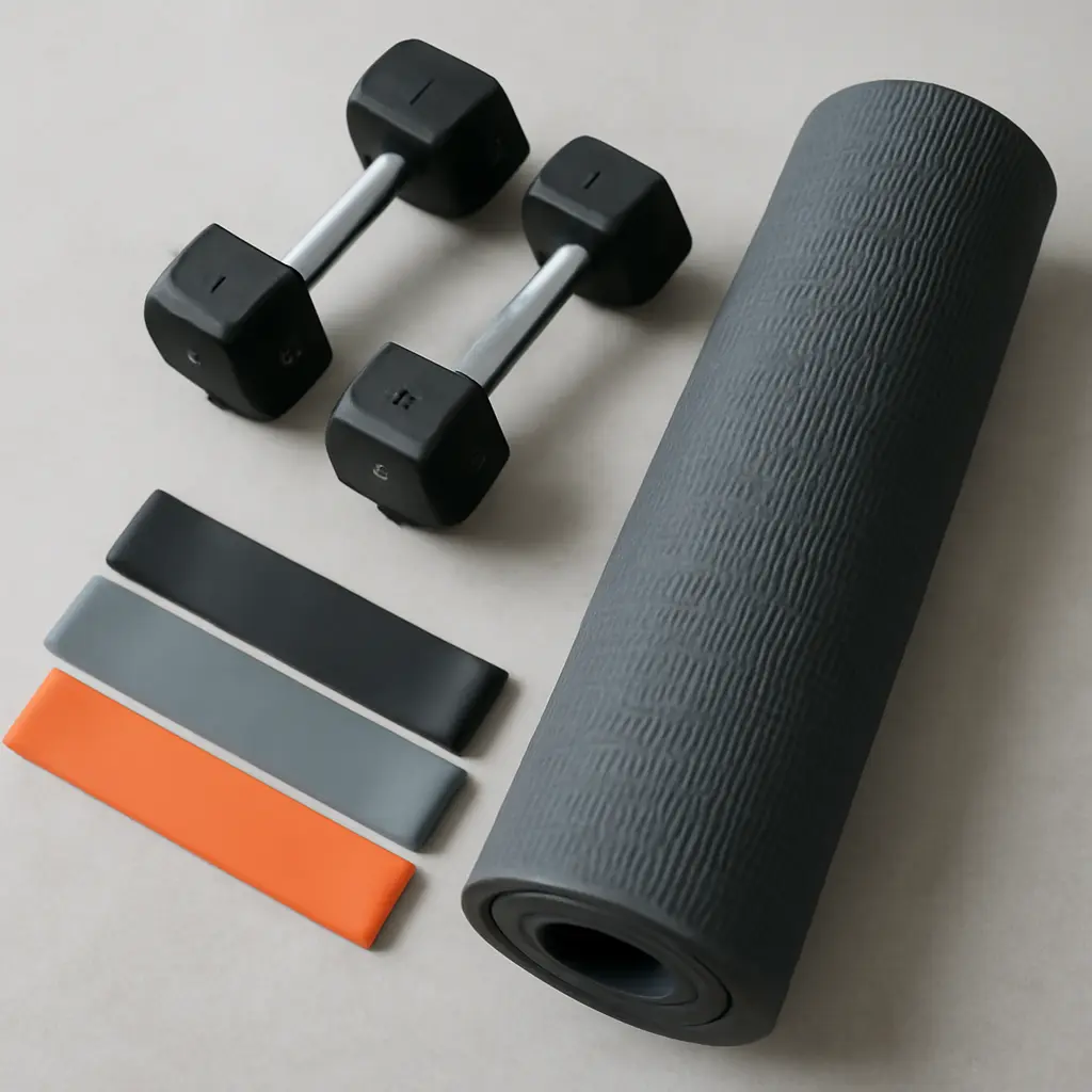 Набор спортивного снаряжения Разнообразное спортивное снаряжение: гантели, эспандеры, коврик