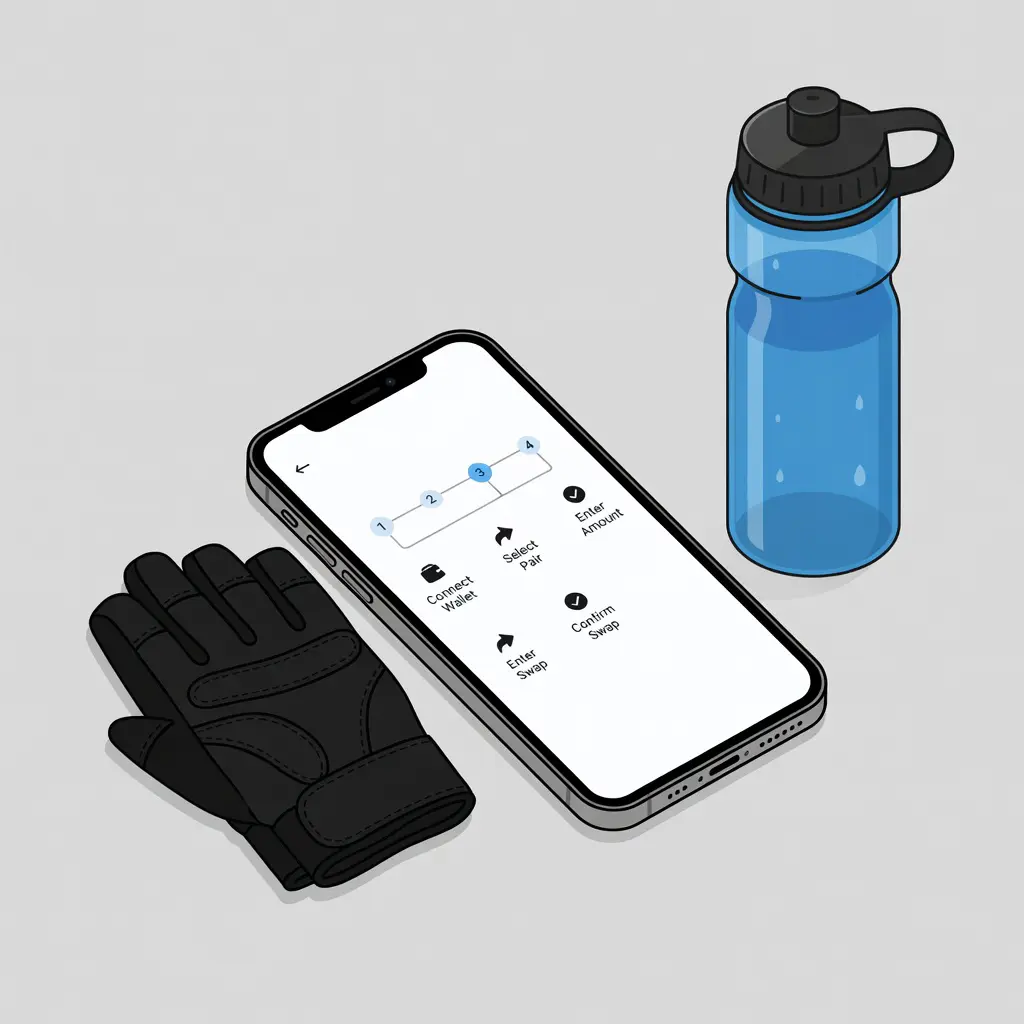 Смартфон с пошаговым интерфейсом криптообменника cripta gg рядом со спортивными перчатками и бутылкой воды