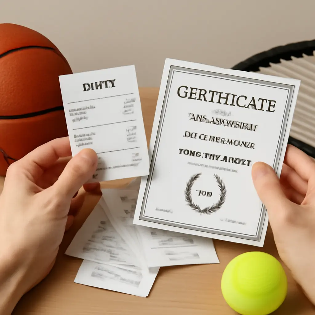 Рукопись чеков и сертификатов на столе рядом со спортивным инвентарем