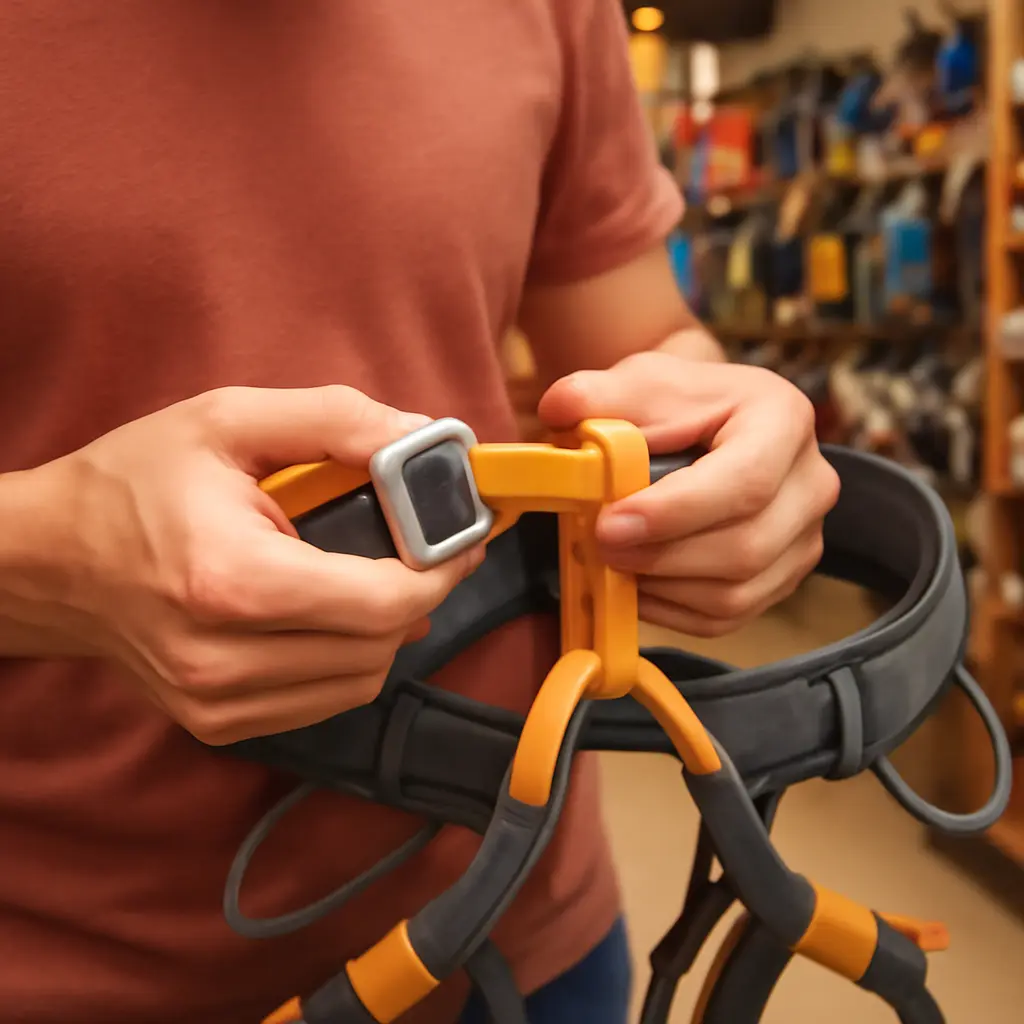 Проверка креплений спортивного снаряжения Спортсмен тщательно проверяет крепления и застёжки на снаряжении перед покупкой в магазине