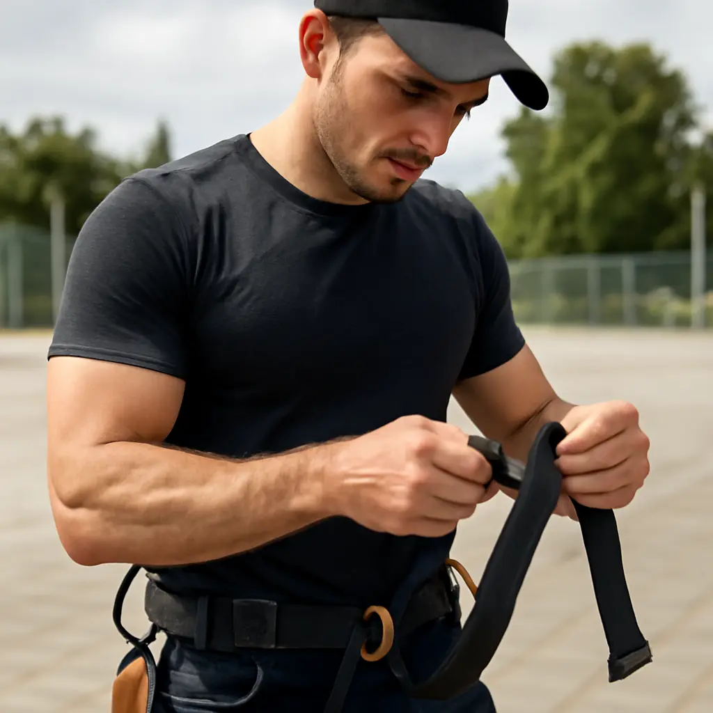 Спортсмен проверяет снаряжение перед тренировкой