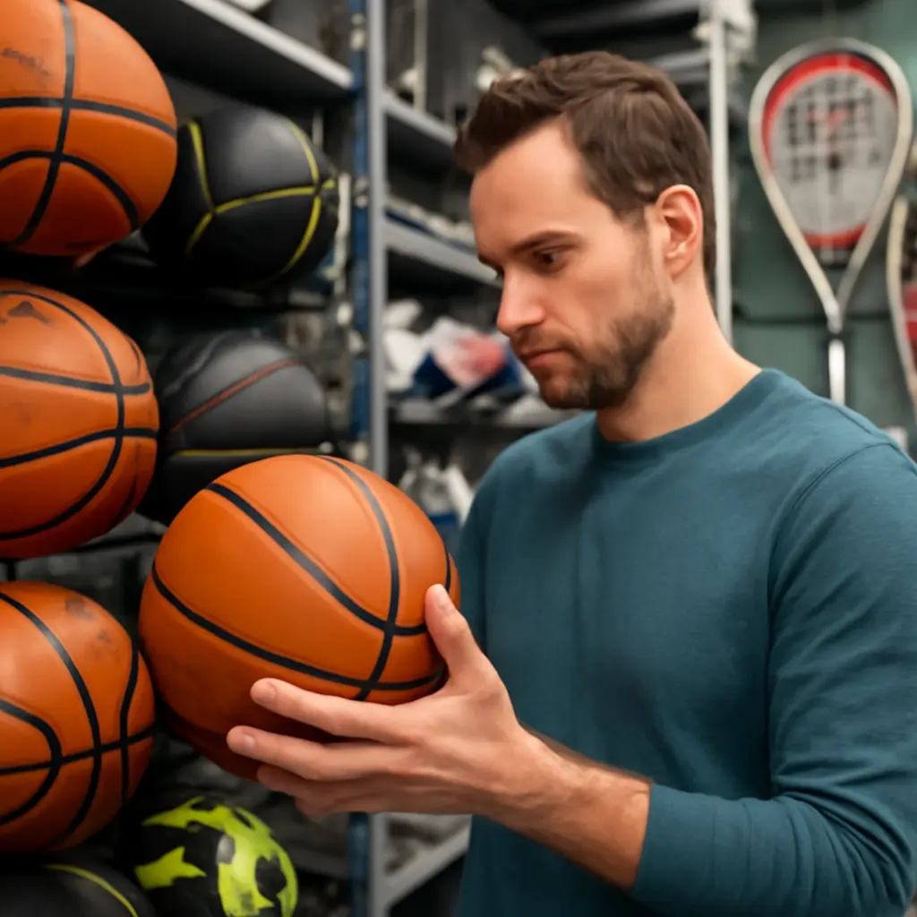 Покупатель выбирает качественное спортивное снаряжение в магазине