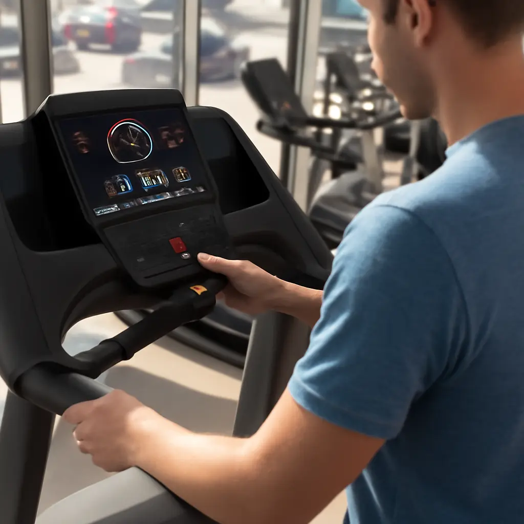 Человек тестирует беговую дорожку в магазине