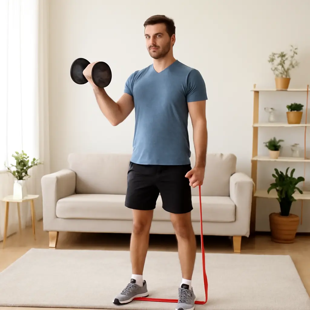 Тренер показывает упражнения с гантелями и эспандером