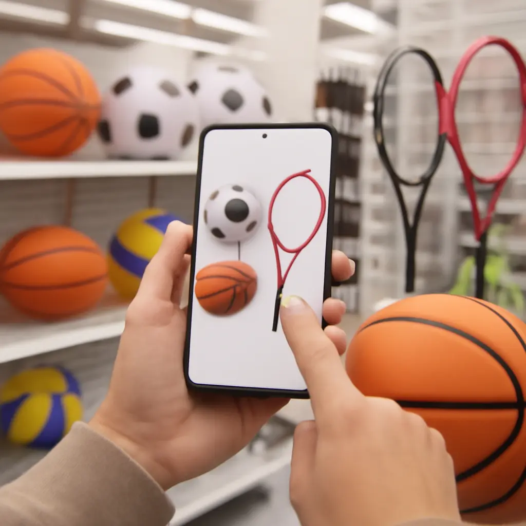 Человек выбирает спортинвентарь и использует смартфон