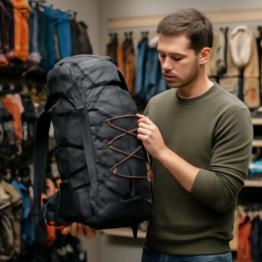 Человек выбирает качественный рюкзак в магазине снаряжения