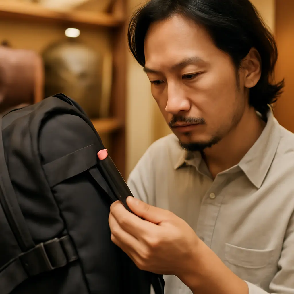 Выбор правильного снаряжения Покупатель проверяет рюкзак в магазине спортивного снаряжения, изучая швы и крепления