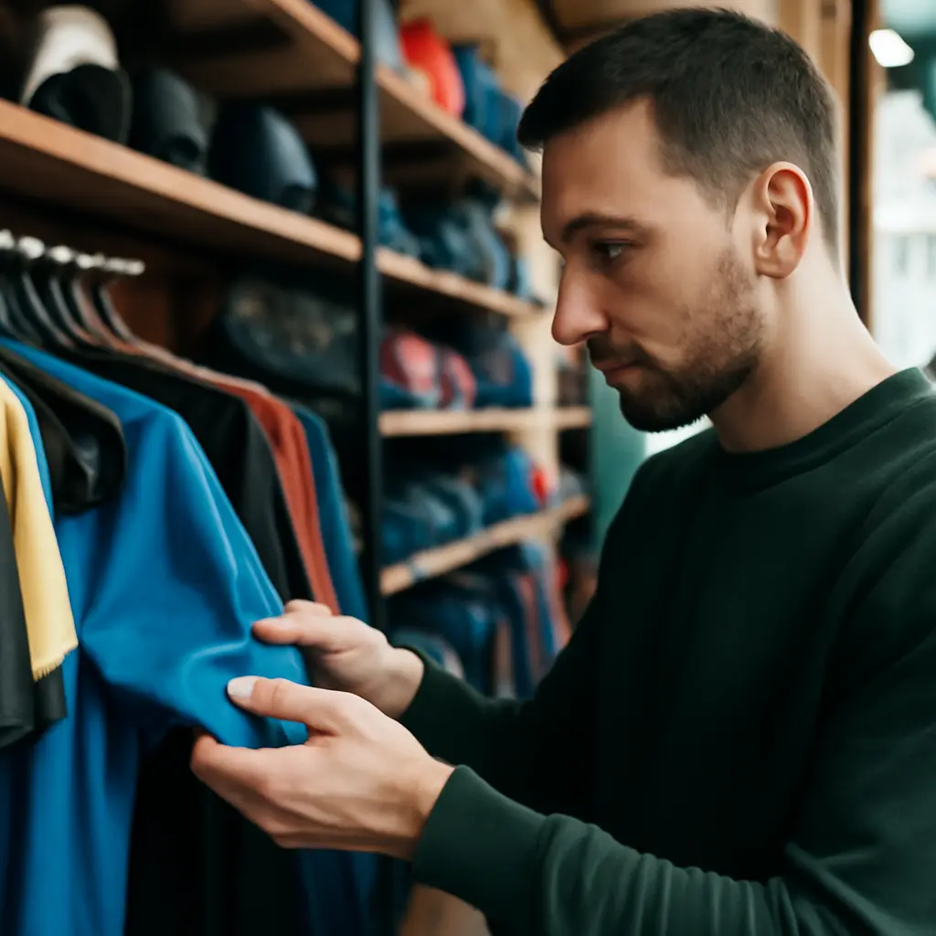 Человек выбирает спортивное снаряжение в магазине